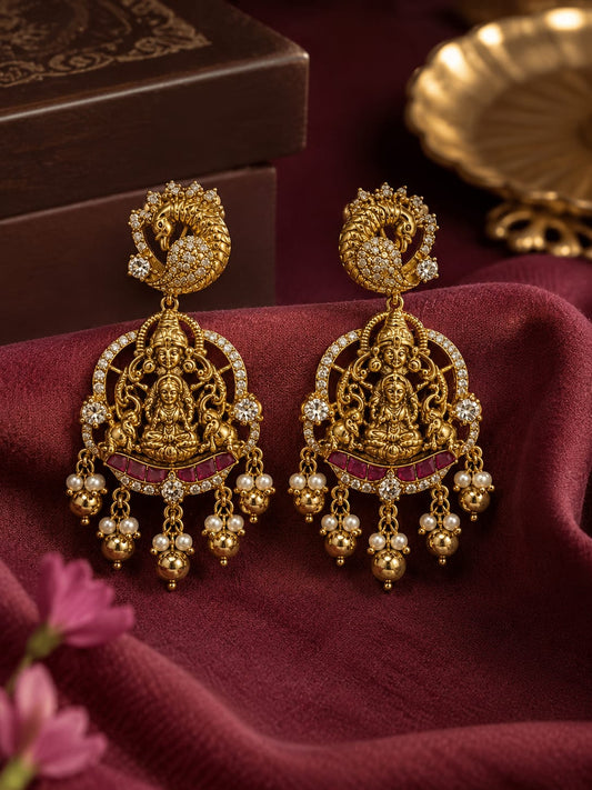 Royal Antique Peacock Lakshmi Temple Jhumka Earrings with Pearl Drop