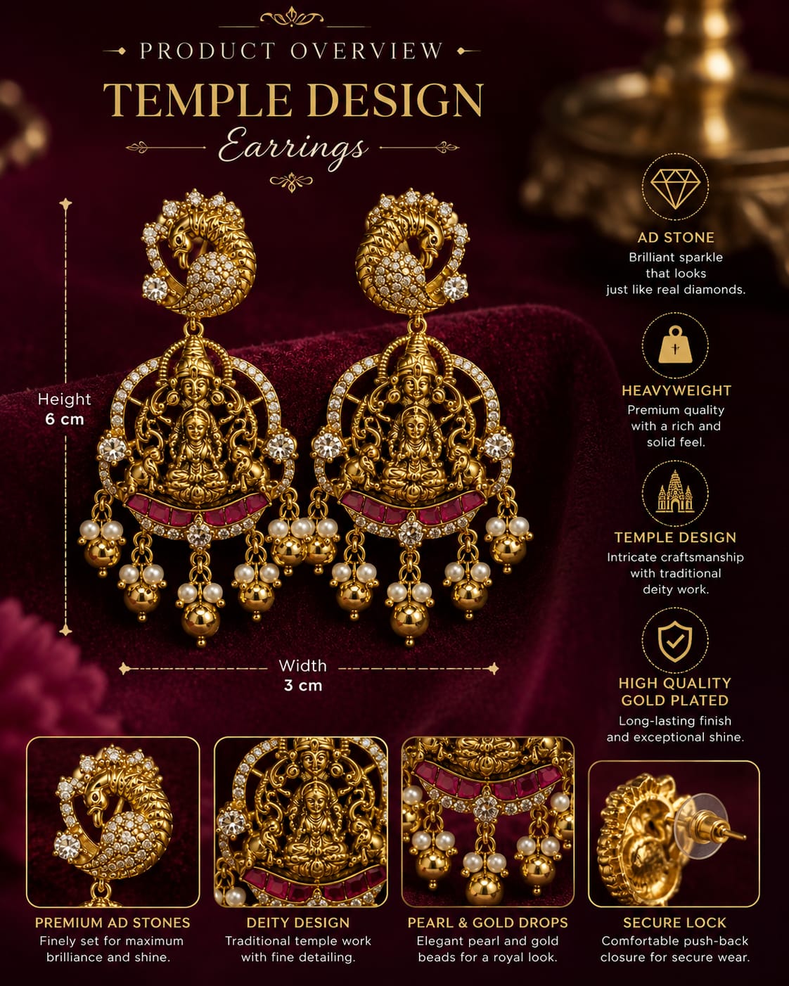 Royal Antique Peacock Lakshmi Temple Jhumka Earrings with Pearl Drop