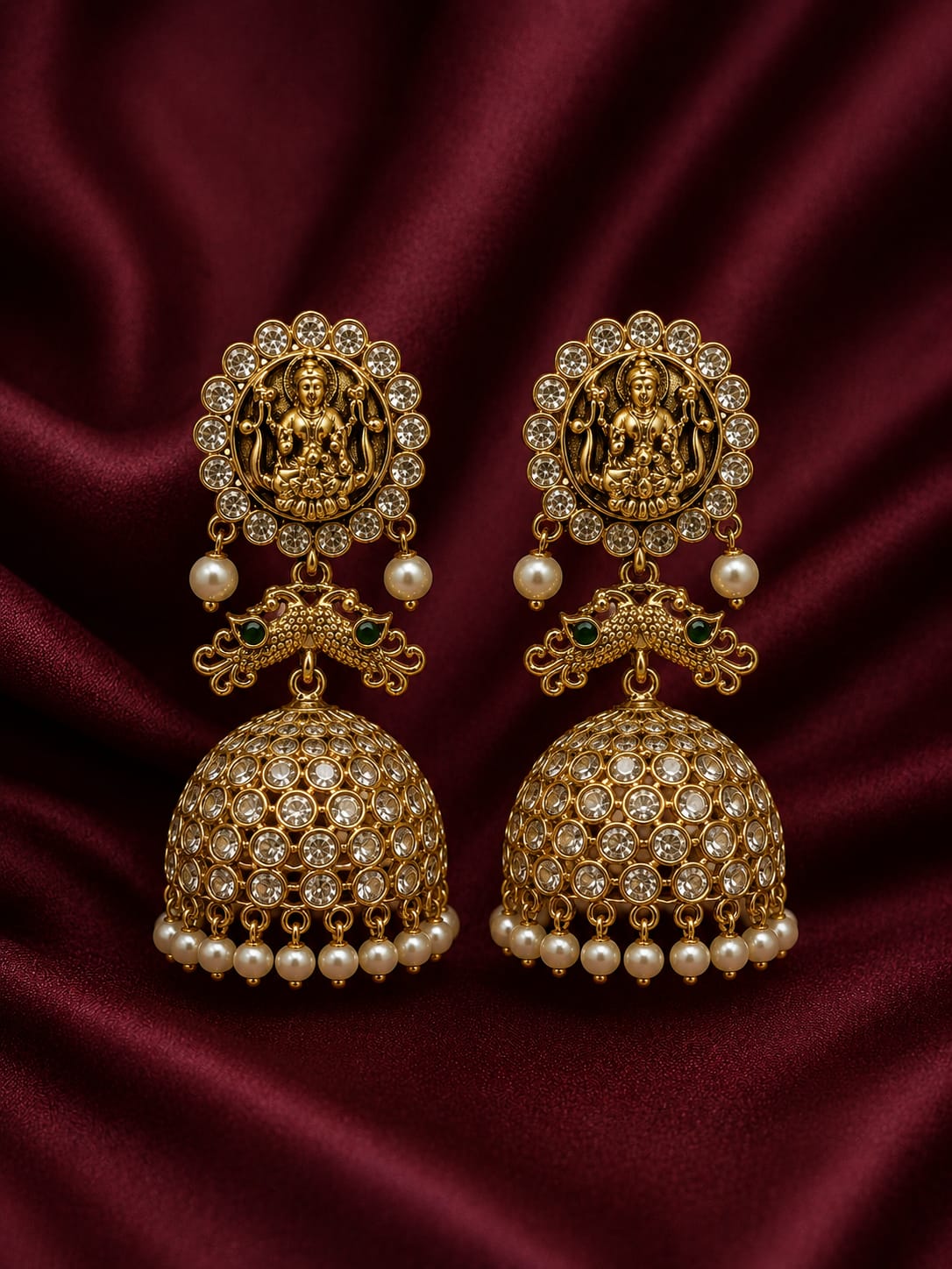 Royal Antique Lakshmi Temple Jhumka Earrings with Layered Pearl Drops