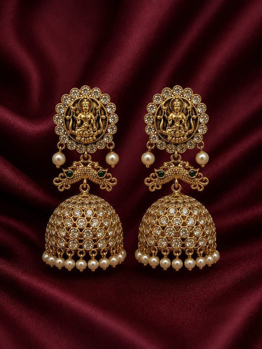 Royal Antique Lakshmi Temple Jhumka Earrings with Layered Pearl Drops
