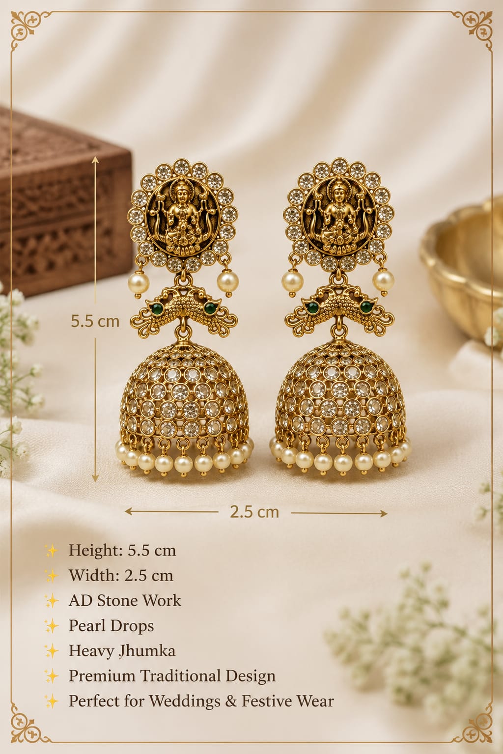 Royal Antique Lakshmi Temple Jhumka Earrings with Layered Pearl Drops