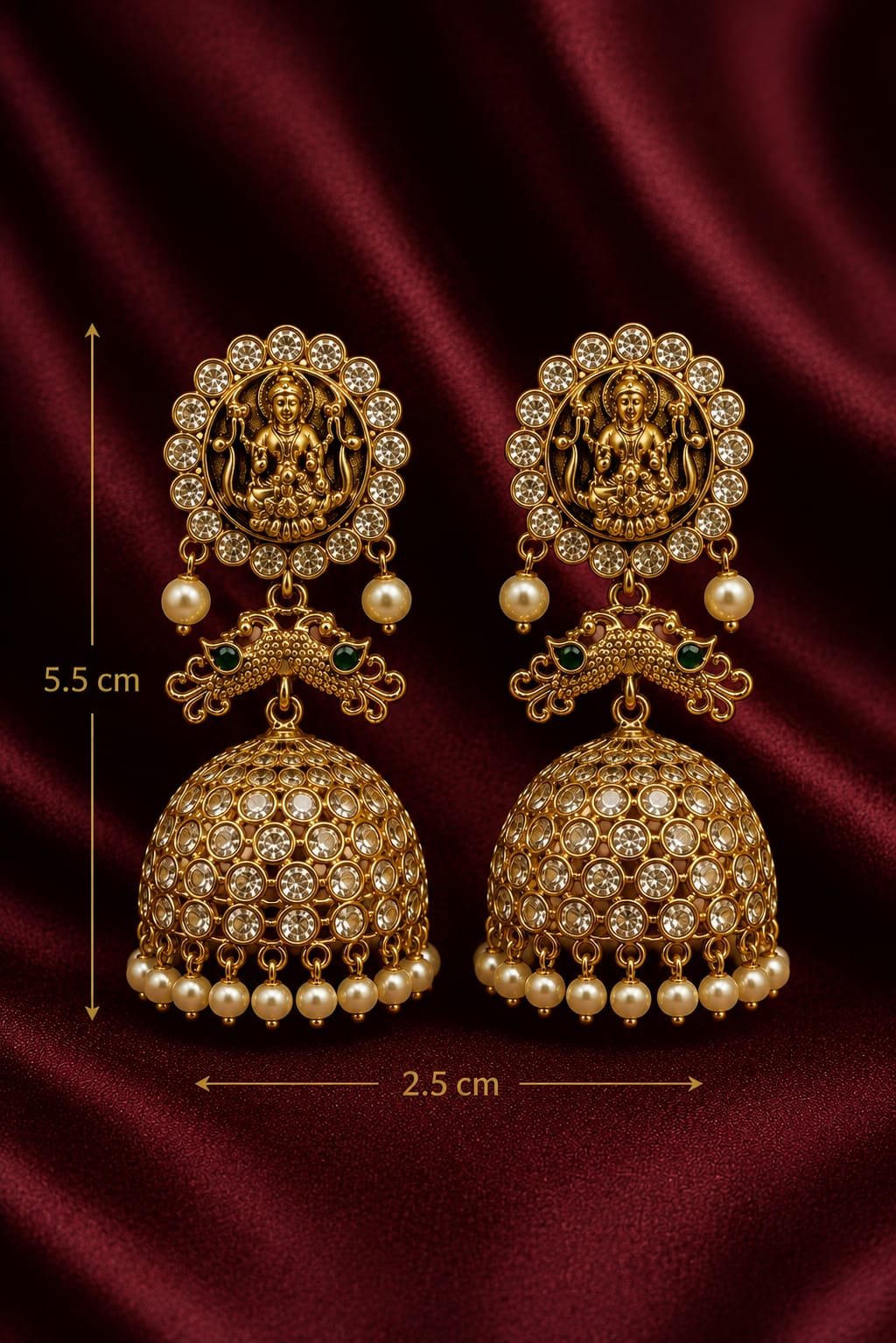 Royal Antique Lakshmi Temple Jhumka Earrings with Layered Pearl Drops