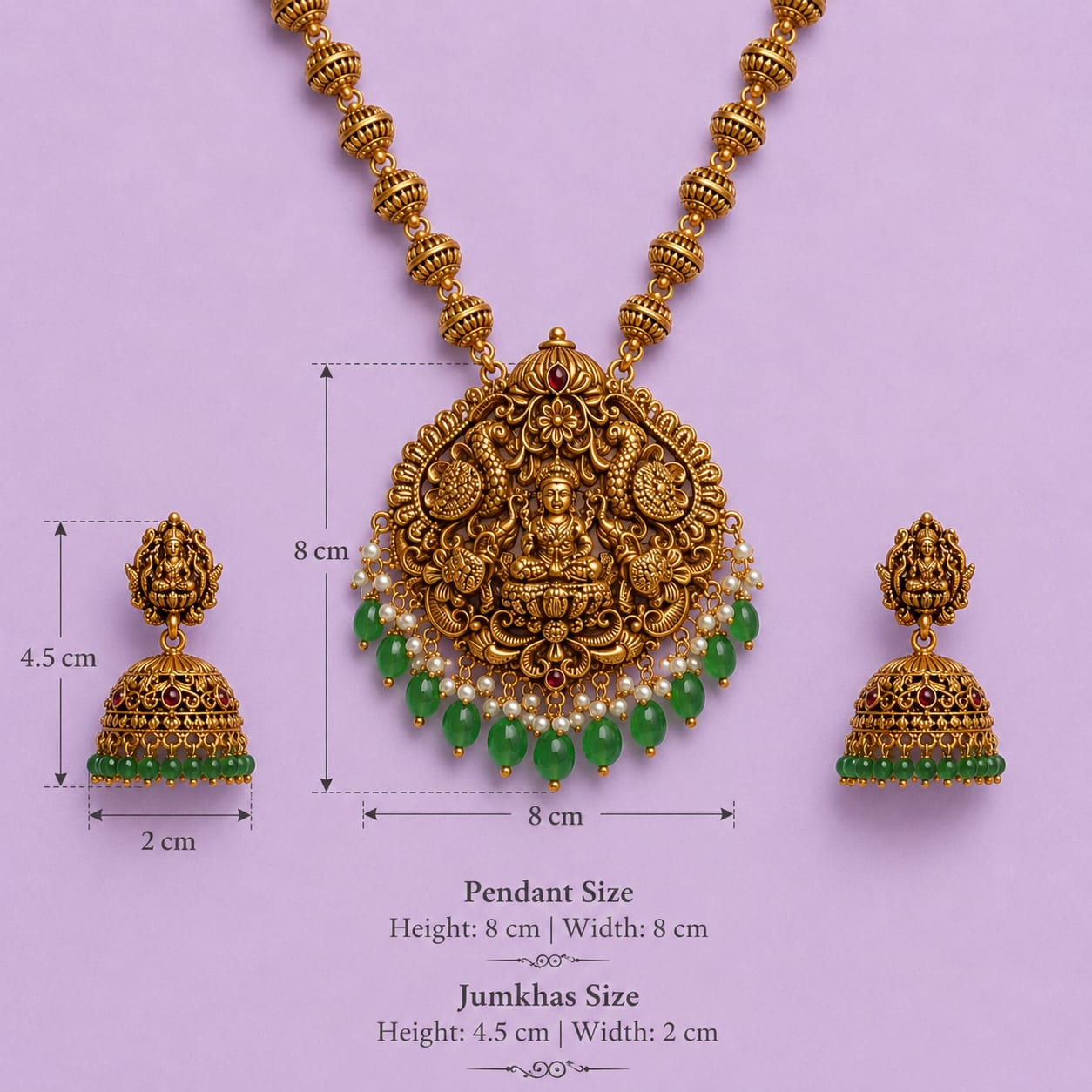 Royal Antique Lakshmi Temple Necklace Set with Green Bead Clusters