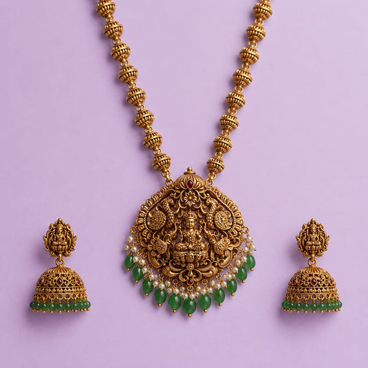 Royal Antique Lakshmi Temple Necklace Set with Green Bead Clusters