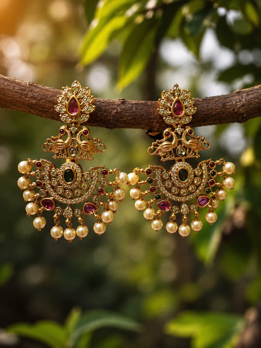 Royal Antique Peacock Chandbali Jhumka Earrings with Pearl Drops