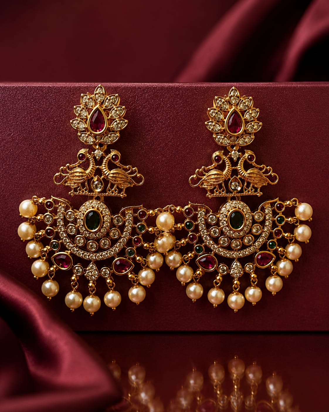 Royal Antique Peacock Chandbali Jhumka Earrings with Pearl Drops