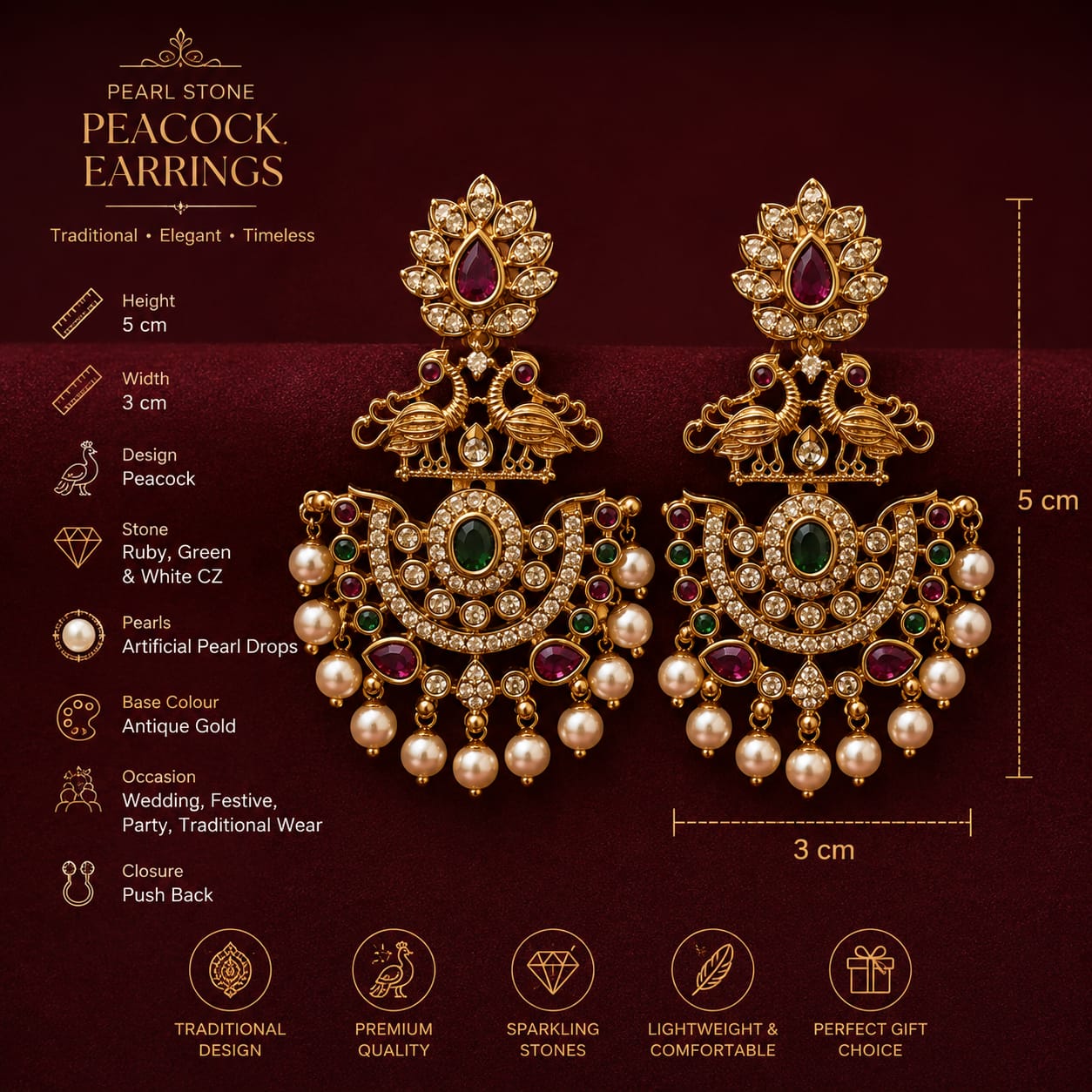 Royal Antique Peacock Chandbali Jhumka Earrings with Pearl Drops