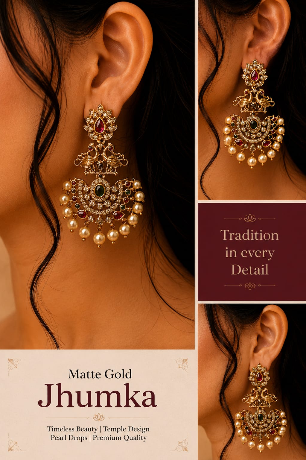 Royal Antique Peacock Chandbali Jhumka Earrings with Pearl Drops