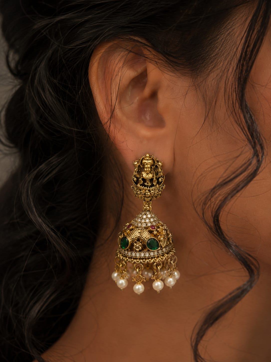 Royal Antique Lakshmi Temple Jhumka Earrings with Green Stones & Pearl Drops