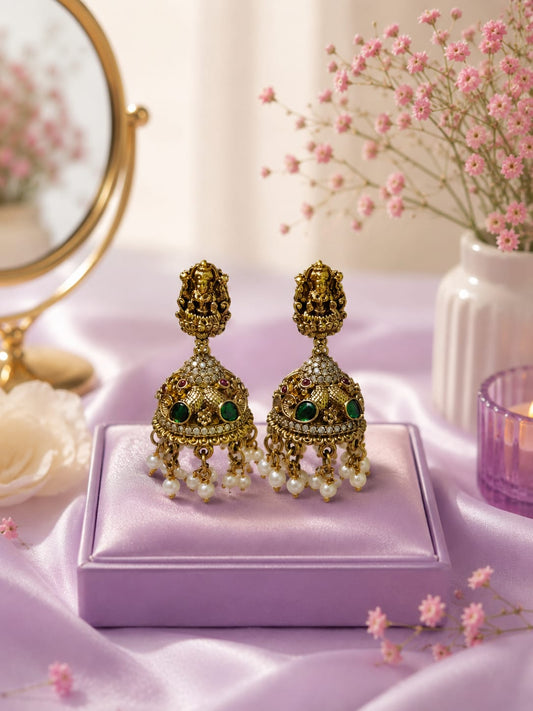 Royal Antique Lakshmi Temple Jhumka Earrings with Green Stones & Pearl Drops
