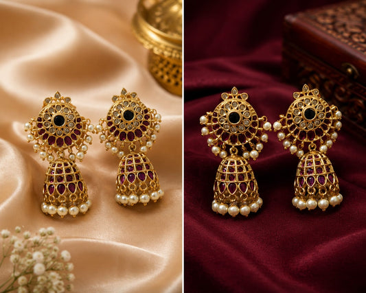 Royal Antique Lotus Temple Jhumka Earrings with Ruby, Green Stones & Pearl Drops
