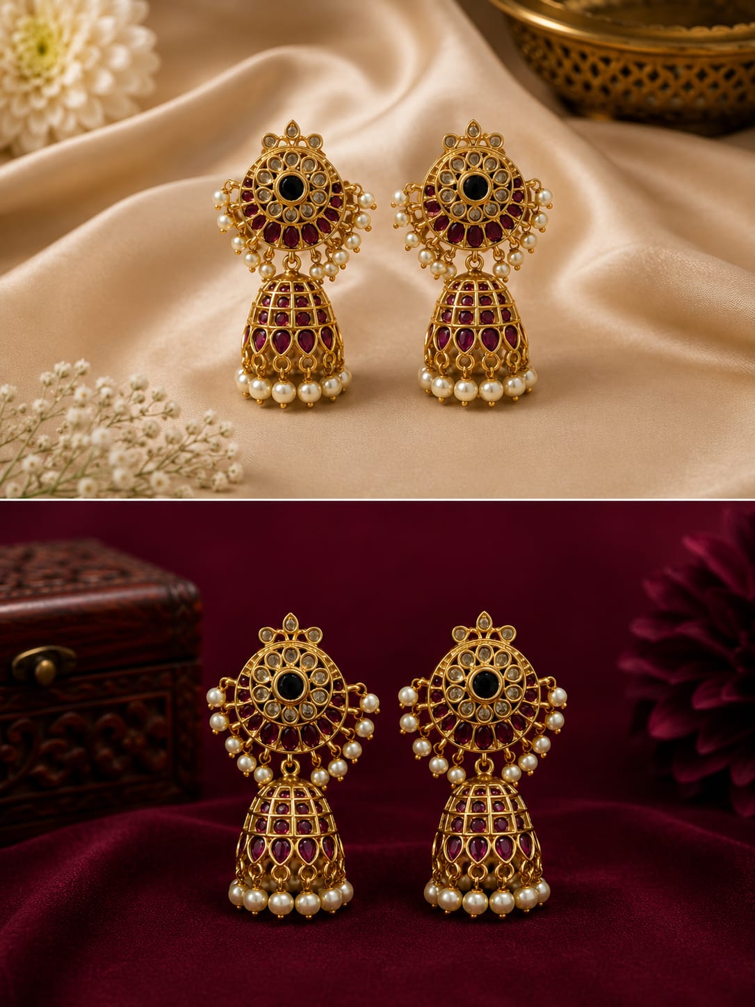 Royal Antique Lotus Temple Jhumka Earrings with Ruby, Green Stones & Pearl Drops