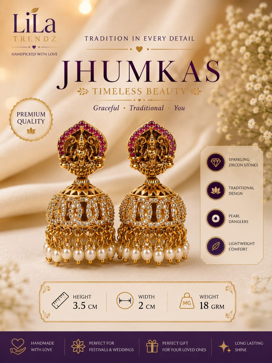 Royal Antique Temple Work Lakshmi Jhumka Earrings