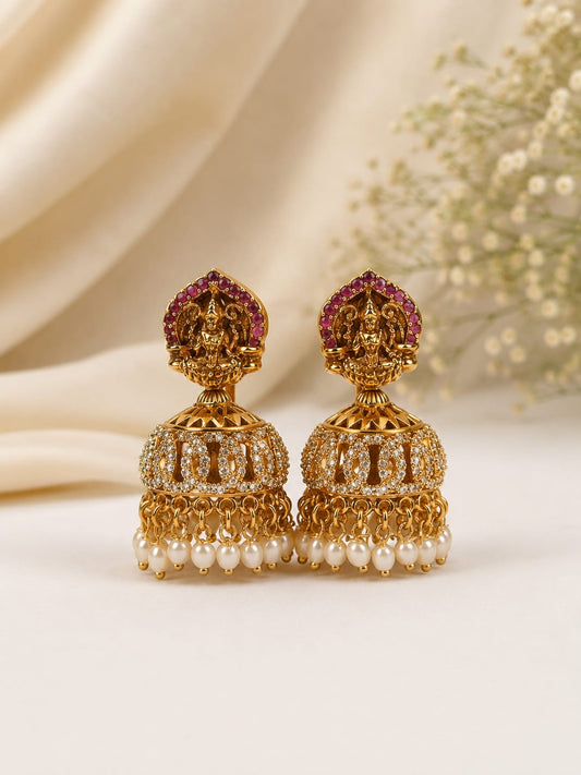 Royal Antique Temple Work Lakshmi Jhumka Earrings