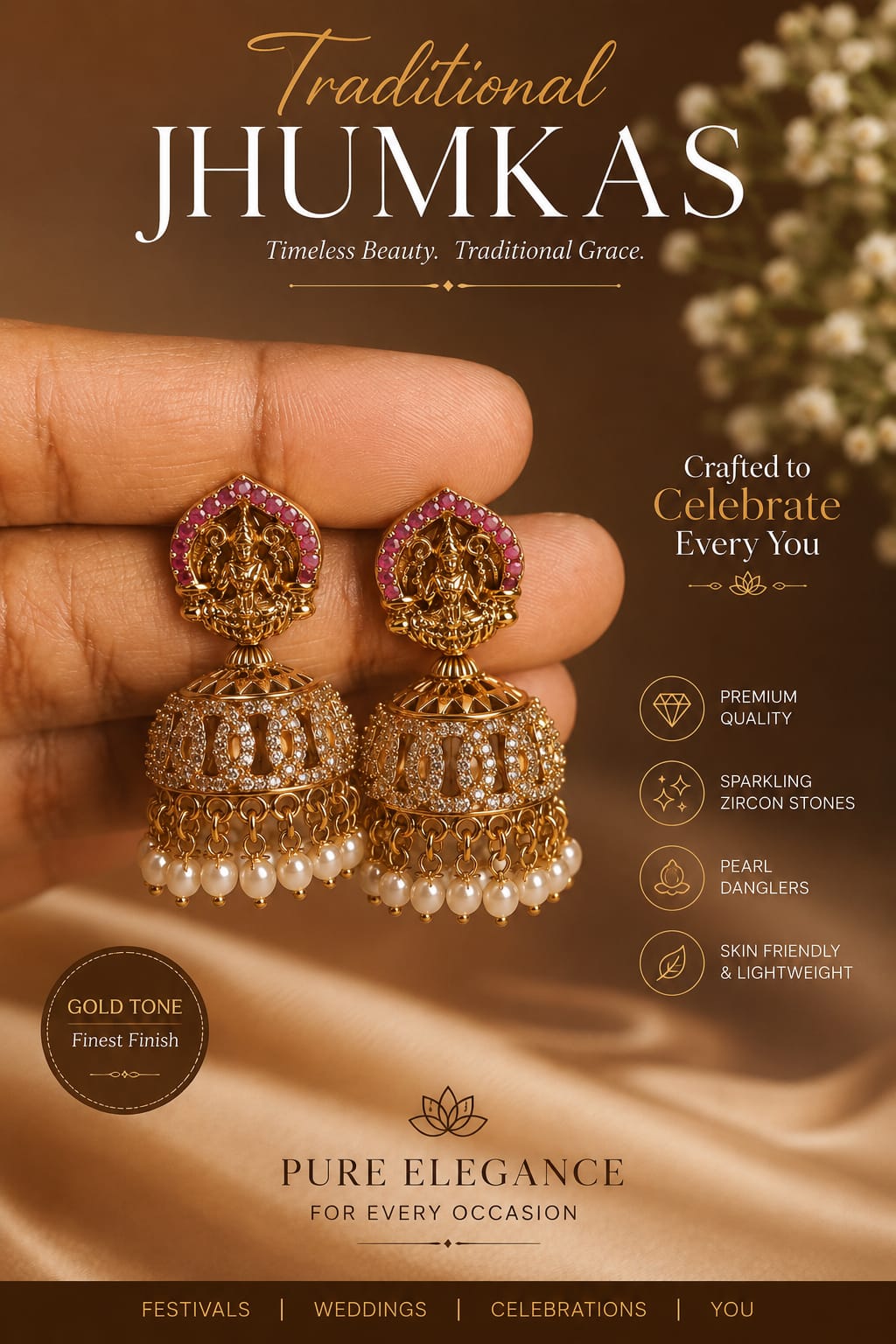 Royal Antique Temple Work Lakshmi Jhumka Earrings
