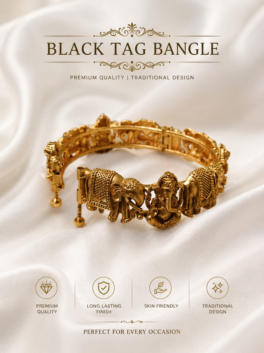 Antique Gold Plated Elephant Divine Temple Bangle (Set of 2)