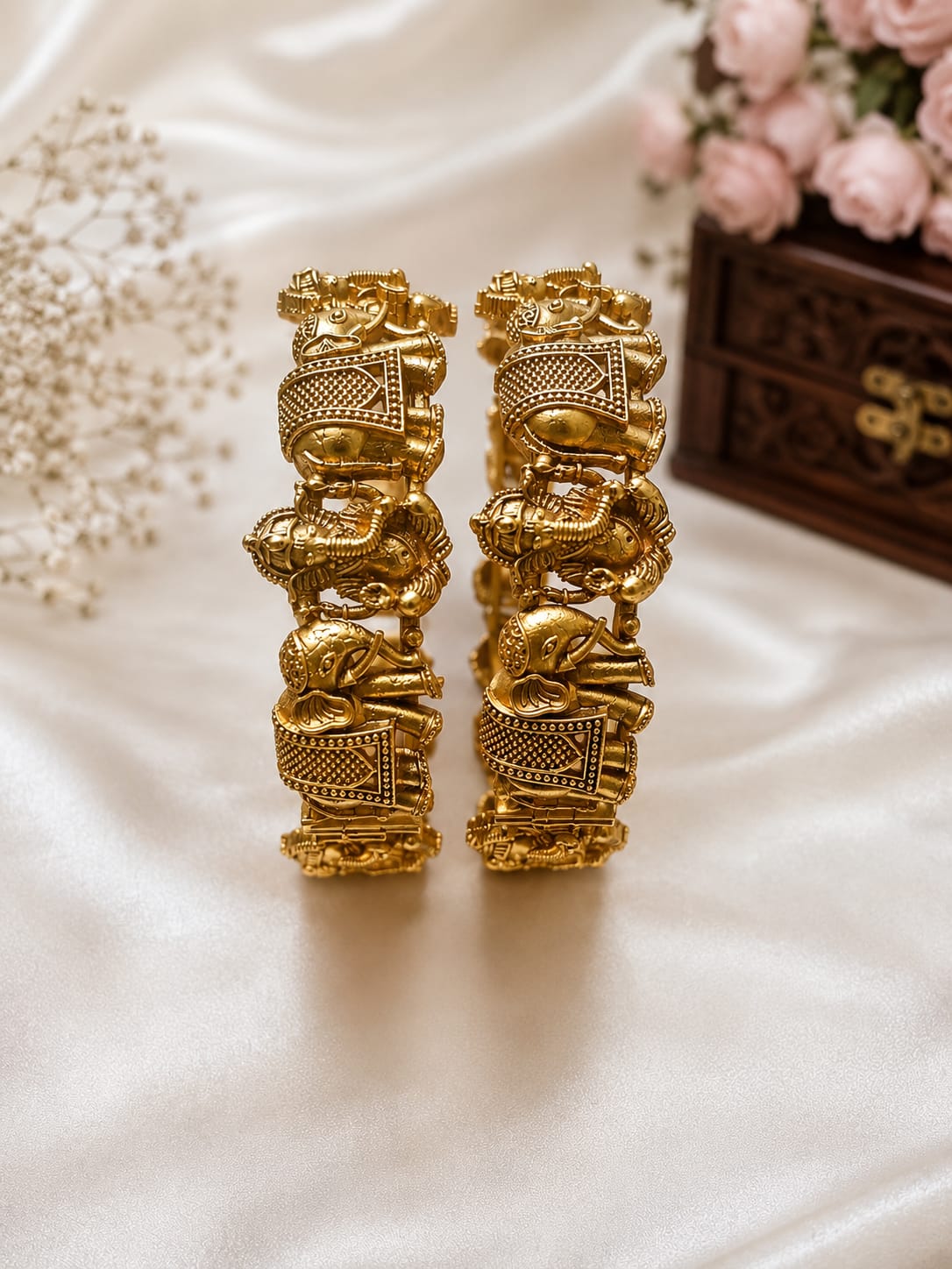 Antique Gold Plated Elephant Divine Temple Bangle (Set of 2)