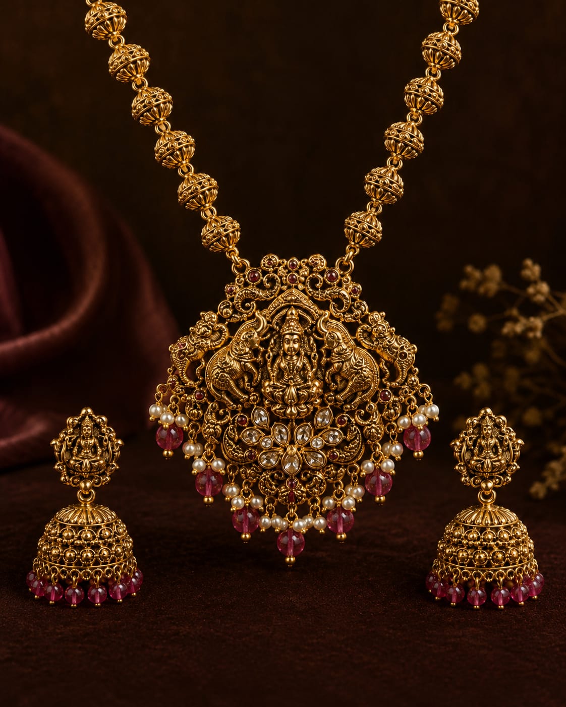Royal Antique Goddess Lakshmi Temple Necklace Set with Jhumkas