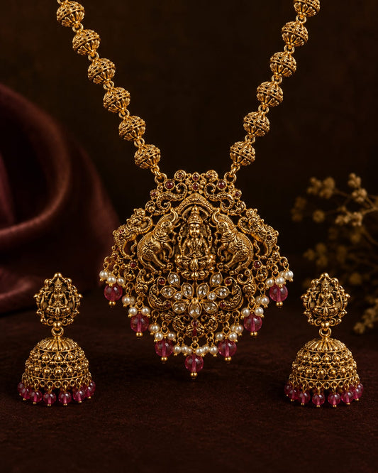 Royal Antique Goddess Lakshmi Temple Necklace Set with Jhumkas