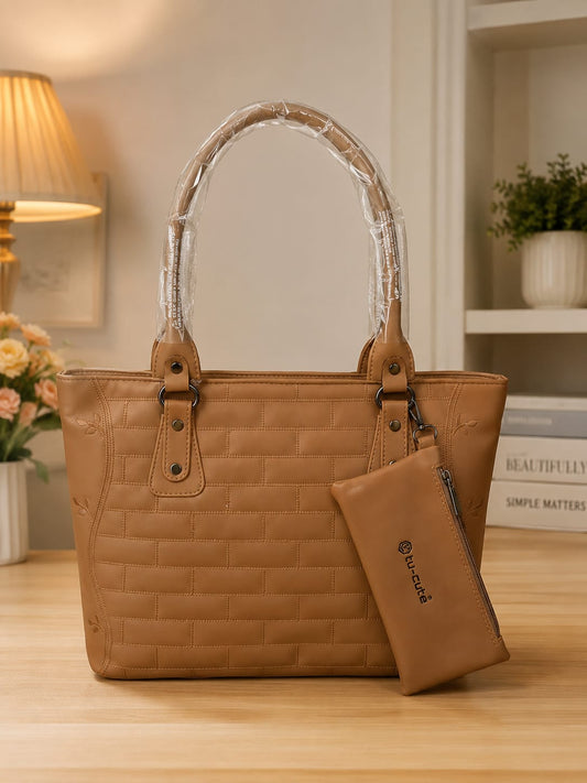 Elegant Tan Faux Leather Tote Handbag with Matching Mini Pouch