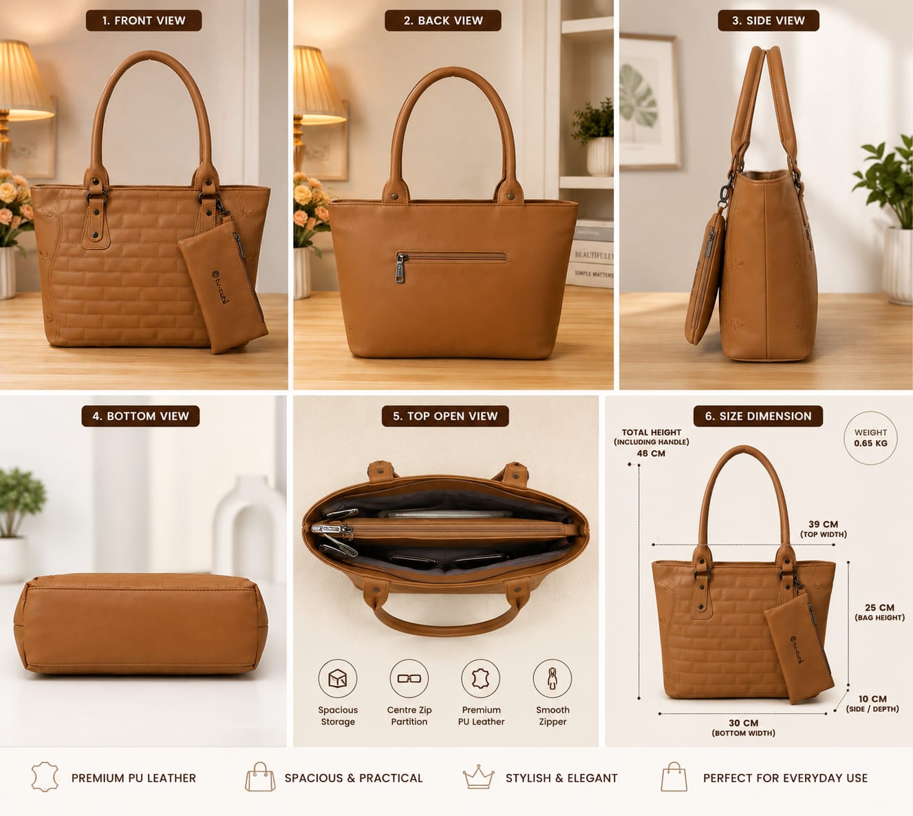 Elegant Tan Faux Leather Tote Handbag with Matching Mini Pouch