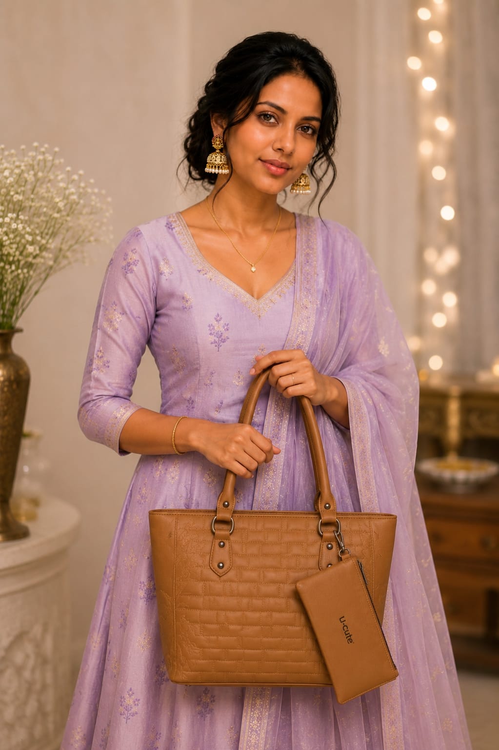 Elegant Tan Faux Leather Tote Handbag with Matching Mini Pouch