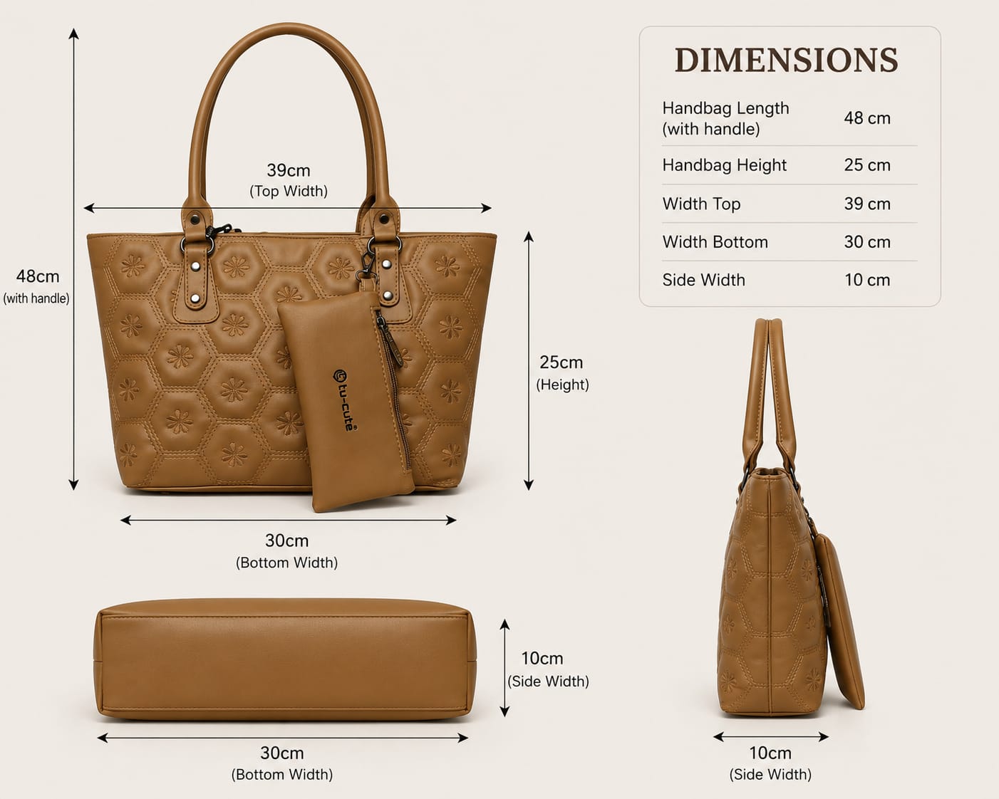 Elegant Tan Patterned Faux Leather Tote Handbag with Matching Mini Pouch