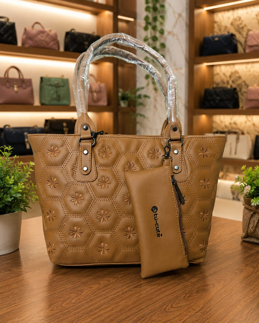 Elegant Tan Patterned Faux Leather Tote Handbag with Matching Mini Pouch