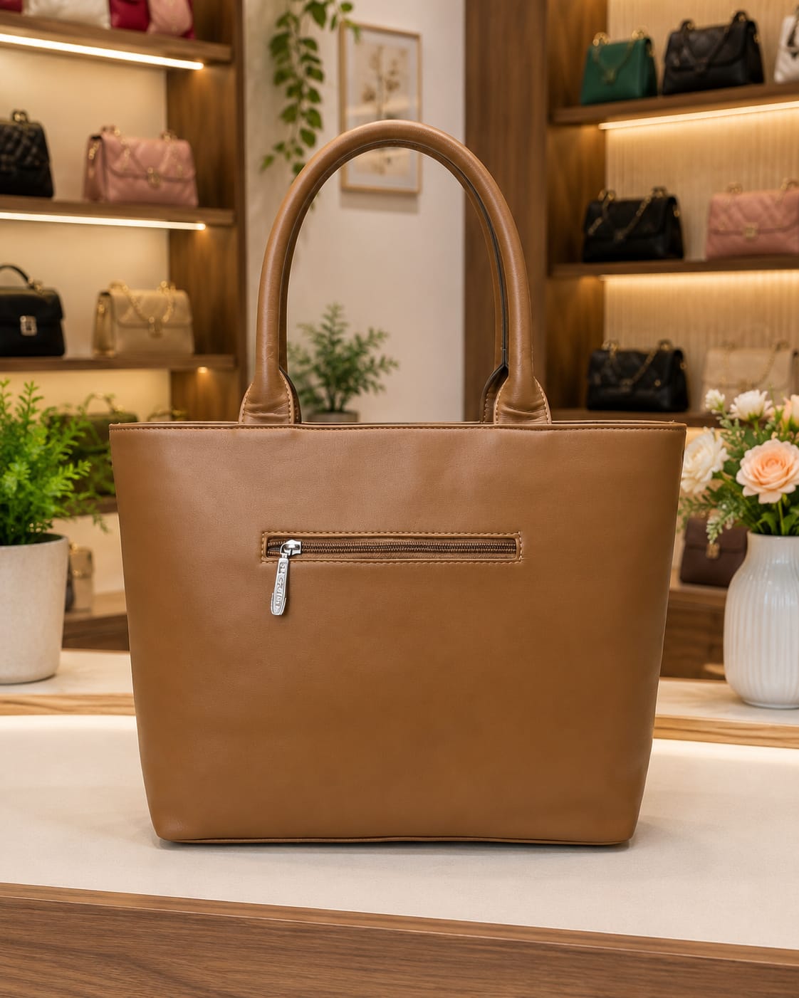 Elegant Tan Patterned Faux Leather Tote Handbag with Matching Mini Pouch