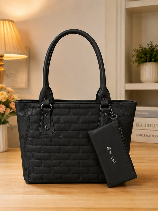 Elegant Black Quilted Tote Handbag with Matching Mini Pouch