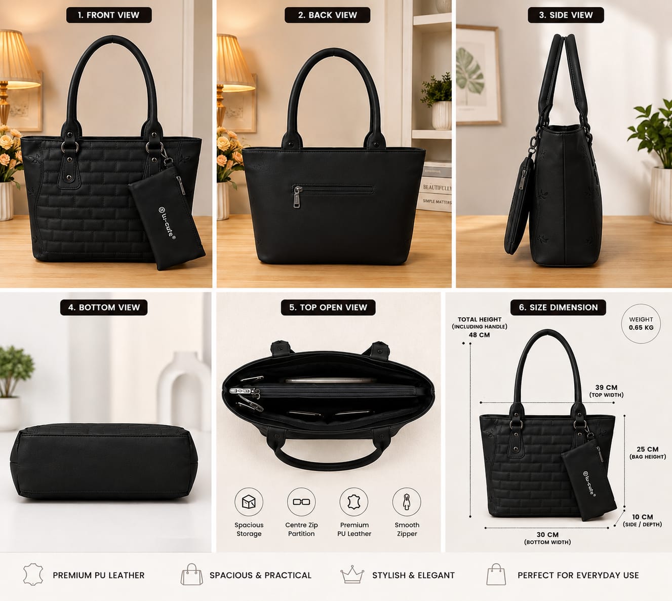 Elegant Black Quilted Tote Handbag with Matching Mini Pouch