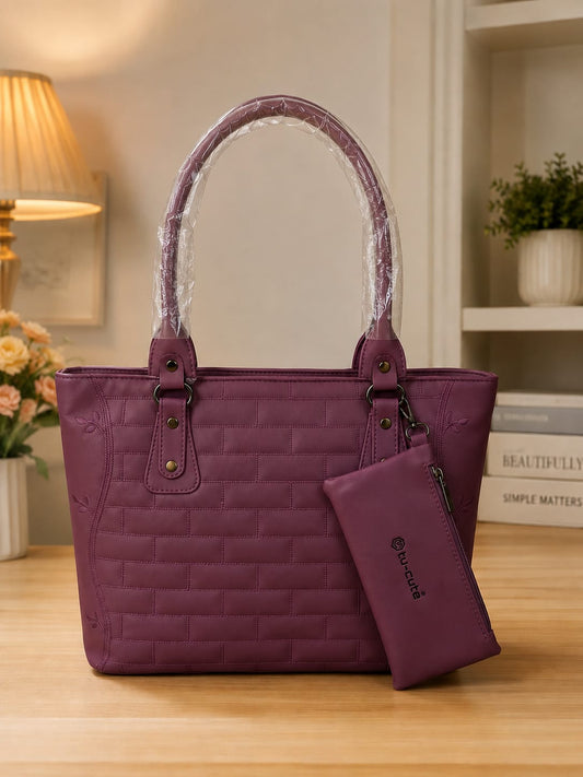 Chic Wine Plum Quilted Tote Handbag with Matching Mini Pouch