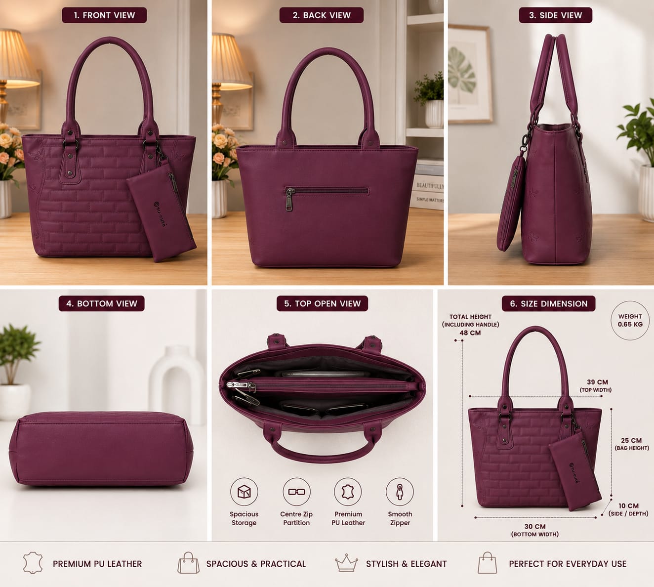 Chic Wine Plum Quilted Tote Handbag with Matching Mini Pouch