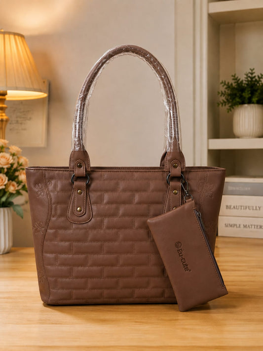 Elegant Brown Textured Tote Handbag with Matching Mini Pouch