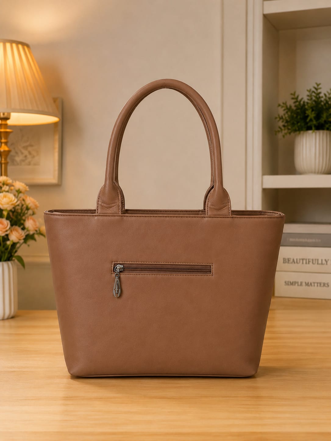 Elegant Brown Textured Tote Handbag with Matching Mini Pouch