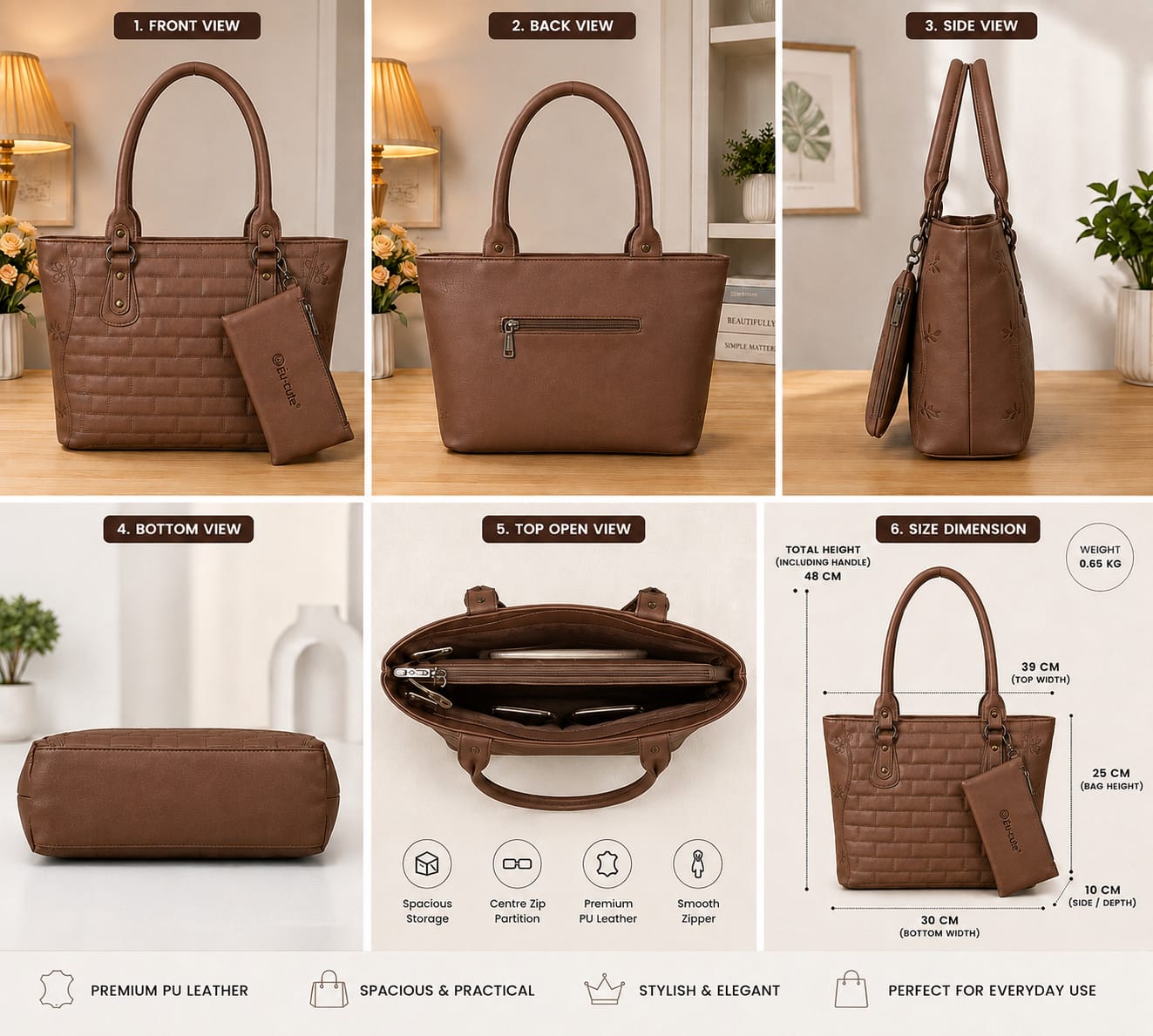 Elegant Brown Textured Tote Handbag with Matching Mini Pouch