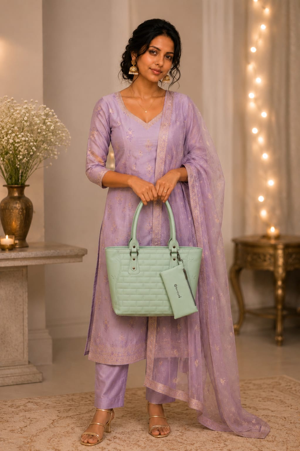 Elegant Mint Green Quilted Tote Handbag with Matching Mini Pouch