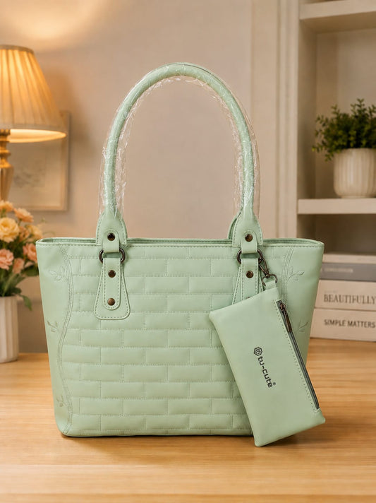 Elegant Mint Green Quilted Tote Handbag with Matching Mini Pouch