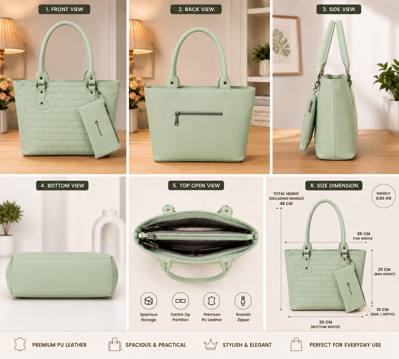 Elegant Mint Green Quilted Tote Handbag with Matching Mini Pouch