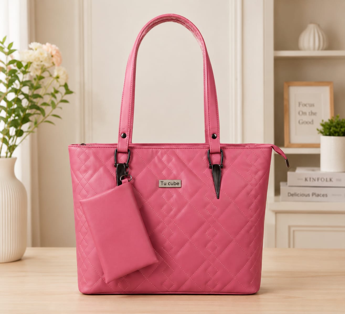 Chic Pink Quilted Tote Handbag with Matching Mini Pouch
