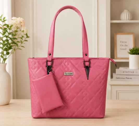 Chic Pink Quilted Tote Handbag with Matching Mini Pouch