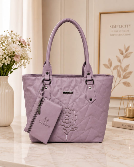 Elegant Lavender Quilted Tote Handbag with Matching Mini Pouch