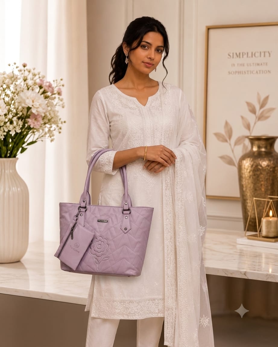 Elegant Lavender Quilted Tote Handbag with Matching Mini Pouch