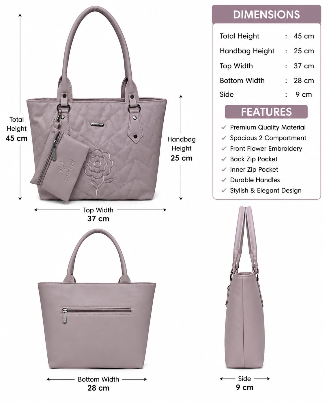 Elegant Lavender Quilted Tote Handbag with Matching Mini Pouch