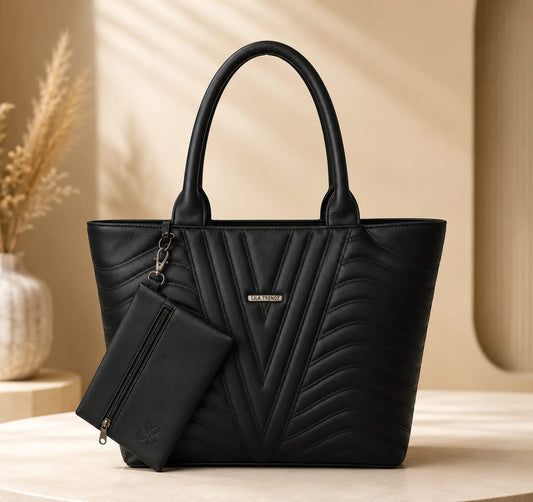 Classic Black Quilted Tote Handbag with Matching Mini Pouch