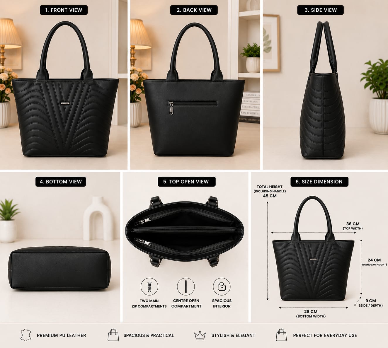Classic Black Quilted Tote Handbag with Matching Mini Pouch