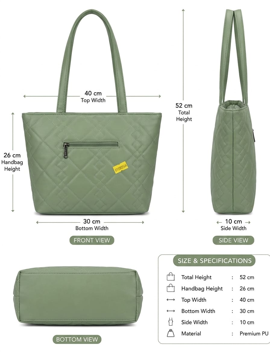 Elegant Olive Green Quilted Tote Handbag with Matching Mini Pouch