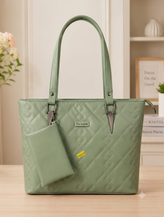 Elegant Olive Green Quilted Tote Handbag with Matching Mini Pouch