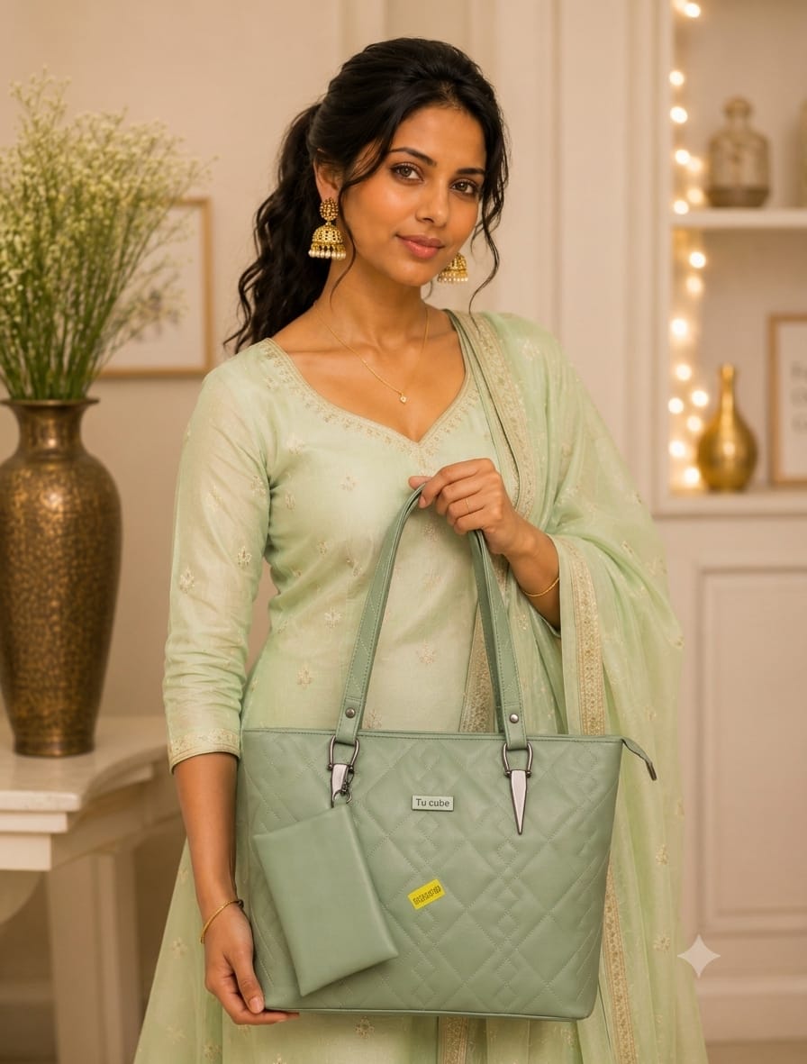 Elegant Olive Green Quilted Tote Handbag with Matching Mini Pouch