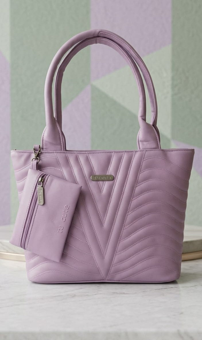 Chic Lavender Quilted Tote Handbag with Matching Mini Pouch